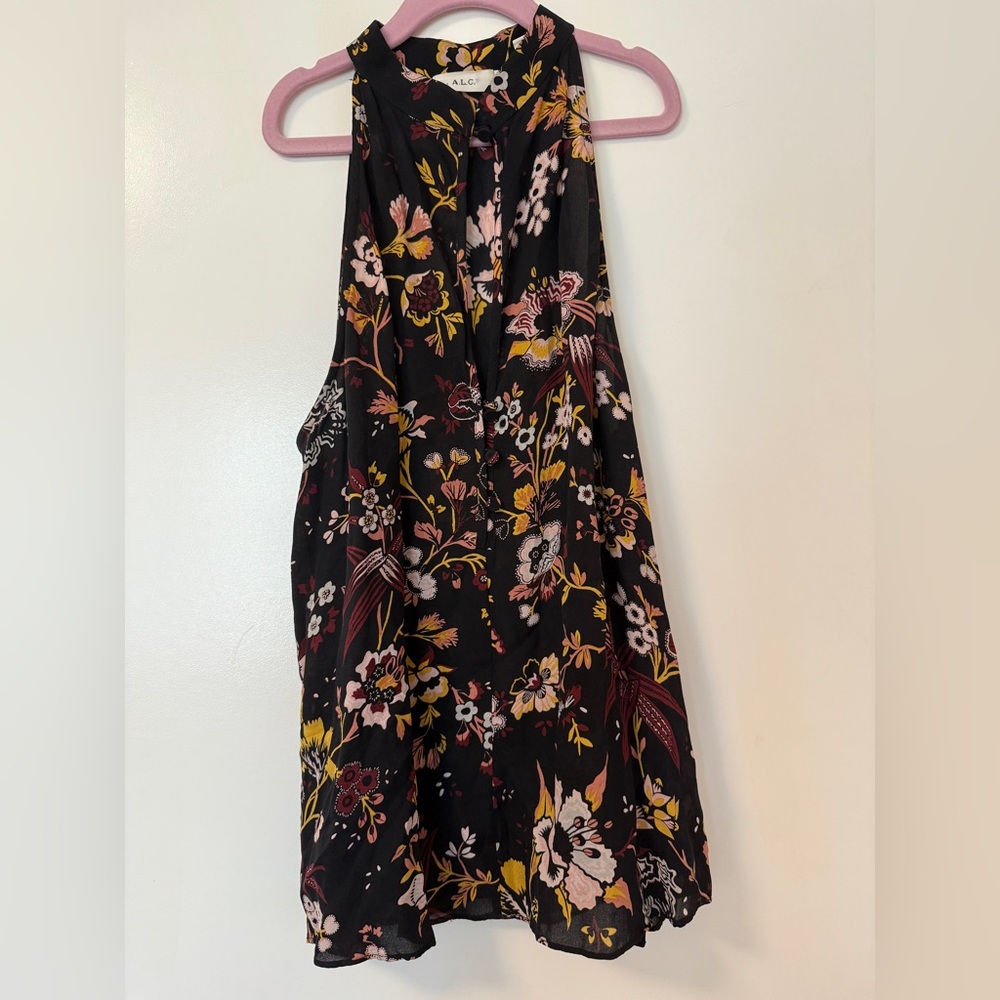 ALC black floral print keyhole sleeveless silk top 0